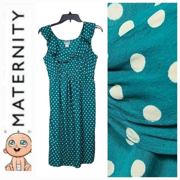 Motherhood Maternity Teal Polka Dot Ruffle Dress Crepe Chiffon Sleeveless Small - Picture 1 of 9